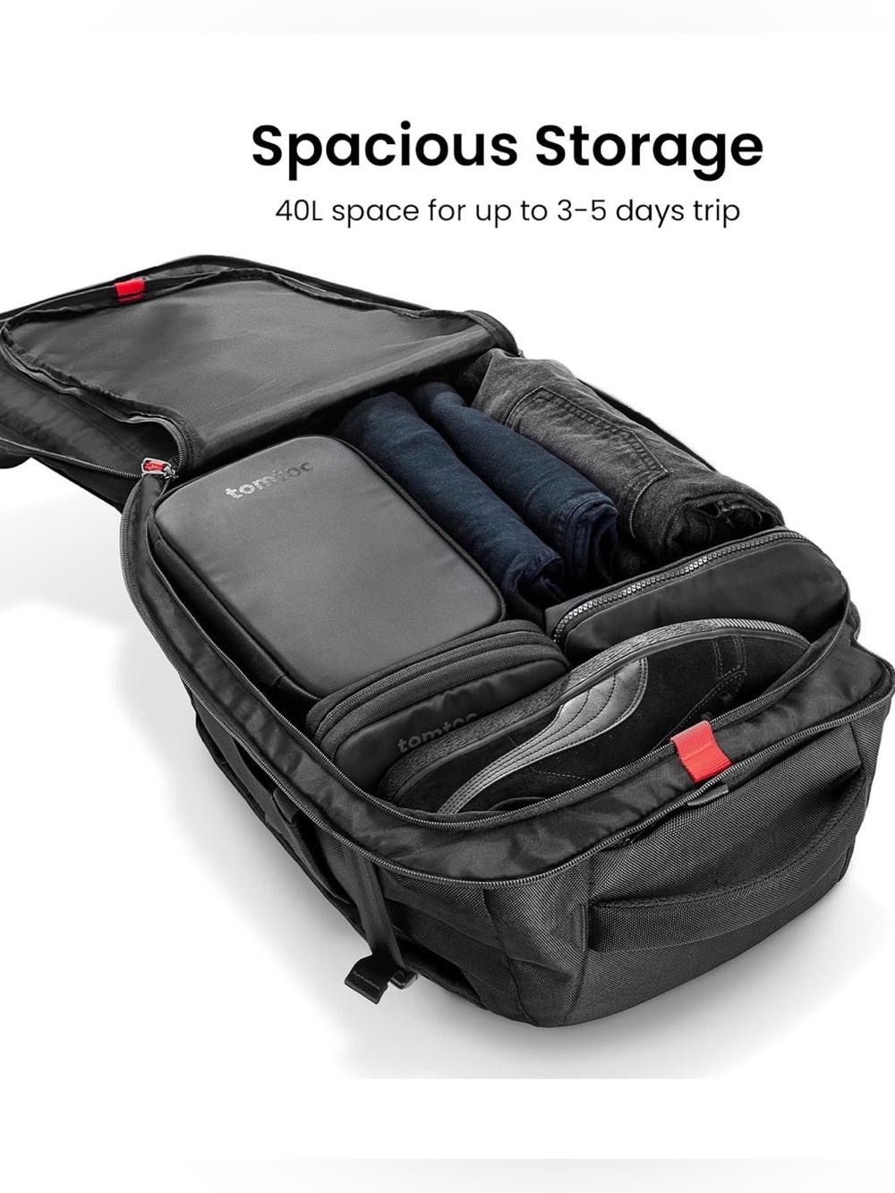 tomtoc Travel Backpack 40L, TSA Carry On Bag Flight Approved, Black - Picture 2 of 10